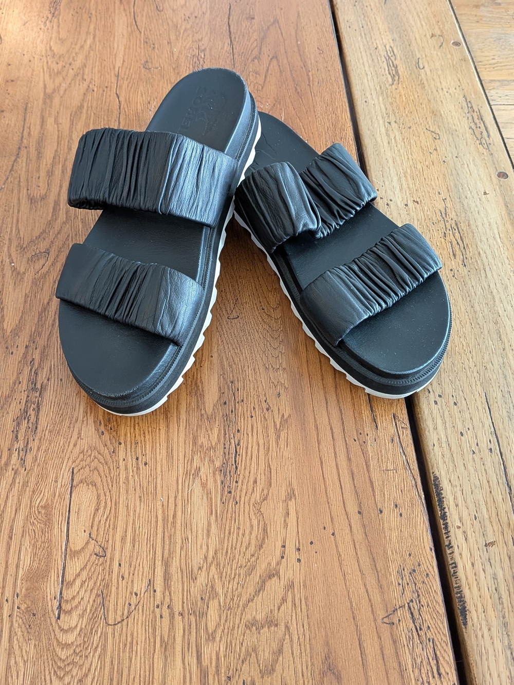 Sorel Black Ruched Double-Strap Slide Sandals Size 10